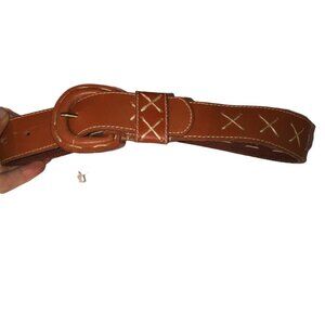 light brown leather cream contrast cross stitch leather belt 32x1.5"